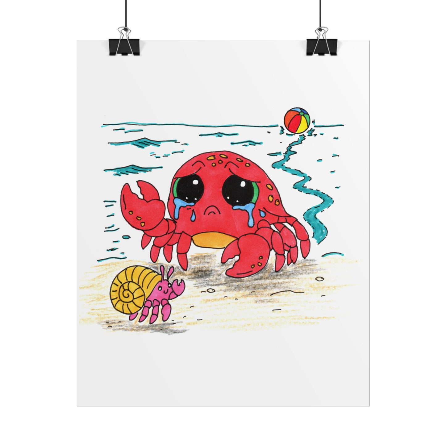 Sad Crab Finds a New Friend Print, Hand Drawn Crab Wall Art, Beach Friendship Decor, Whimsical Ocean Animal Illustration