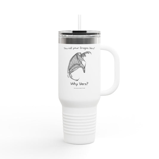 Wyvern Travel Mug | “You Call Your Dragon Vern?” | Hand-Drawn Fantasy Art by Robert Trumble