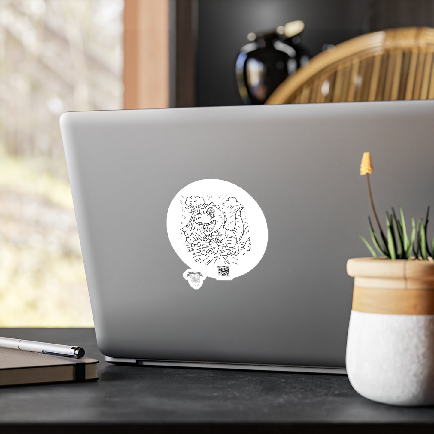 T-Rex Kiss-Cut Vinyl Decal | Fun Hand-Drawn Dinosaur Sticker with QR Code | Great for Laptops, Notebooks, and Gifts