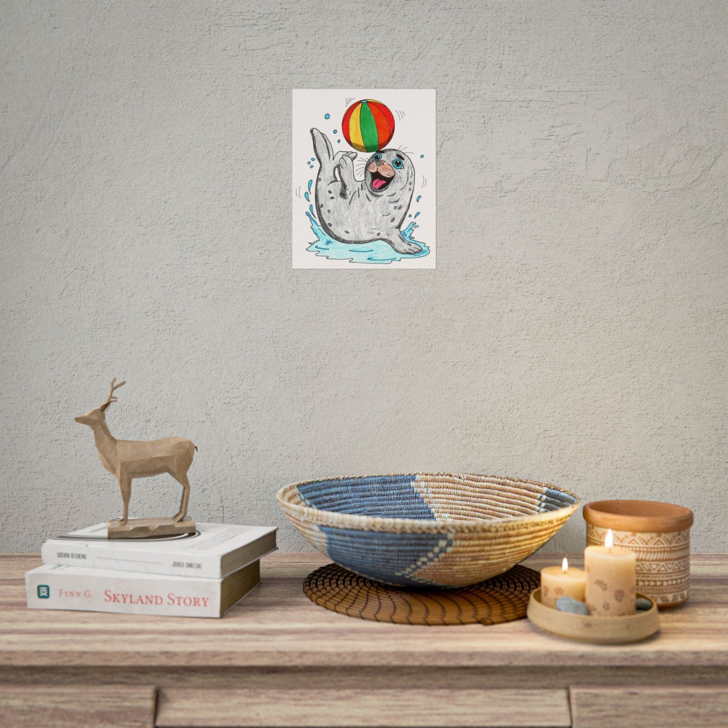 Seal Found Her Beach Ball Print | Hand Drawn Ocean Animal Wall Art | Happy Seal Illustration