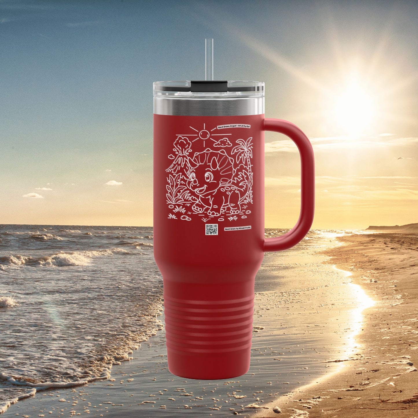 Triceratops Travel Mug | Hand-Drawn Dinosaur Art with QR Code | Fun Gift for Dino Fans