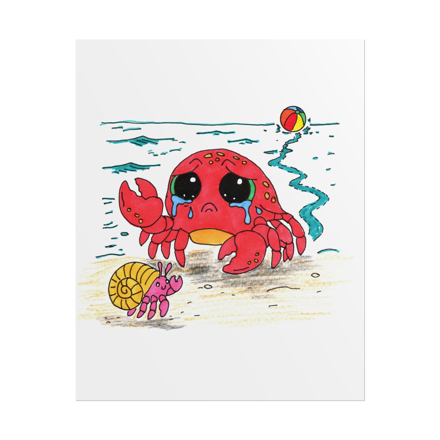 Sad Crab Finds a New Friend Print, Hand Drawn Crab Wall Art, Beach Friendship Decor, Whimsical Ocean Animal Illustration