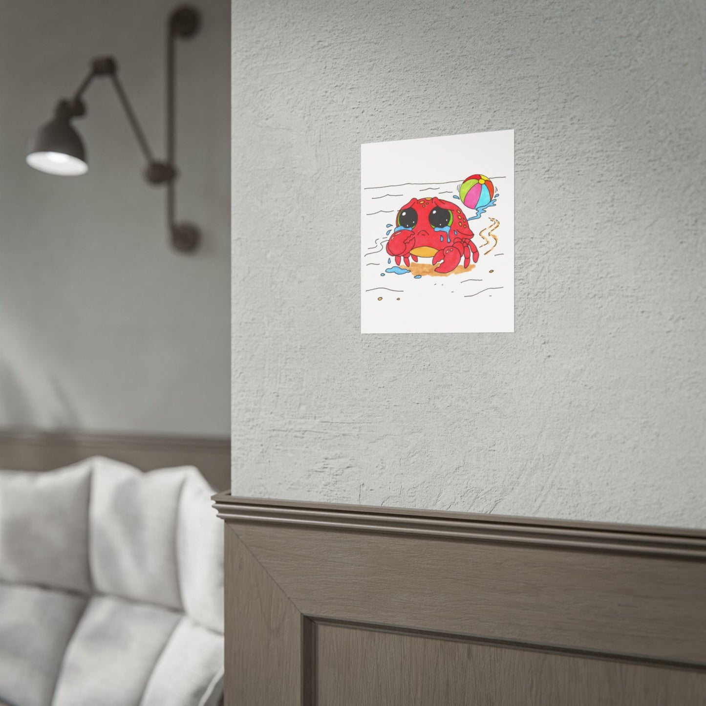 Sad Crab Lost Her Ball Print, Hand Drawn Crab Wall Art, Whimsical Nursery Decor, Woodland Animal Illustration