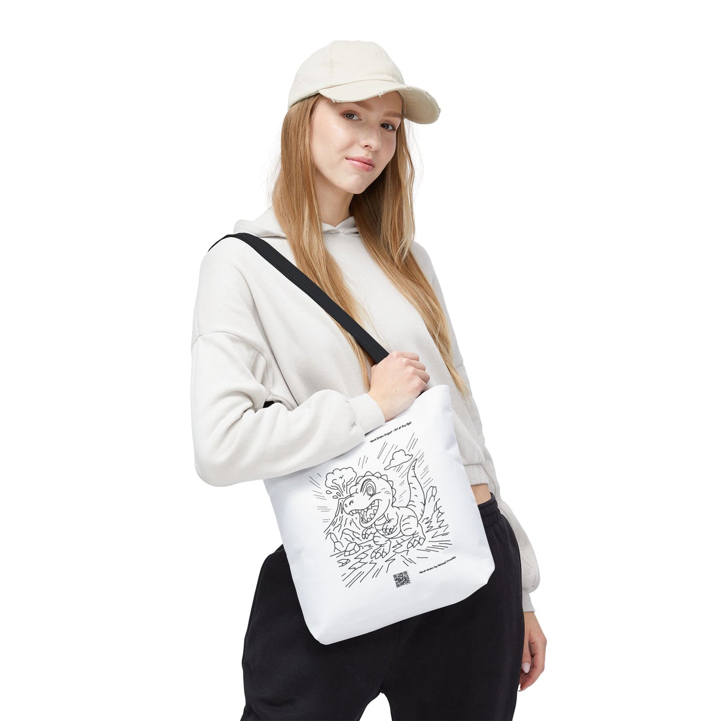T-Rex Tote Bag | Hand-Drawn Dinosaur Art with QR Code | Durable Cotton Carry-All for Dino Fans