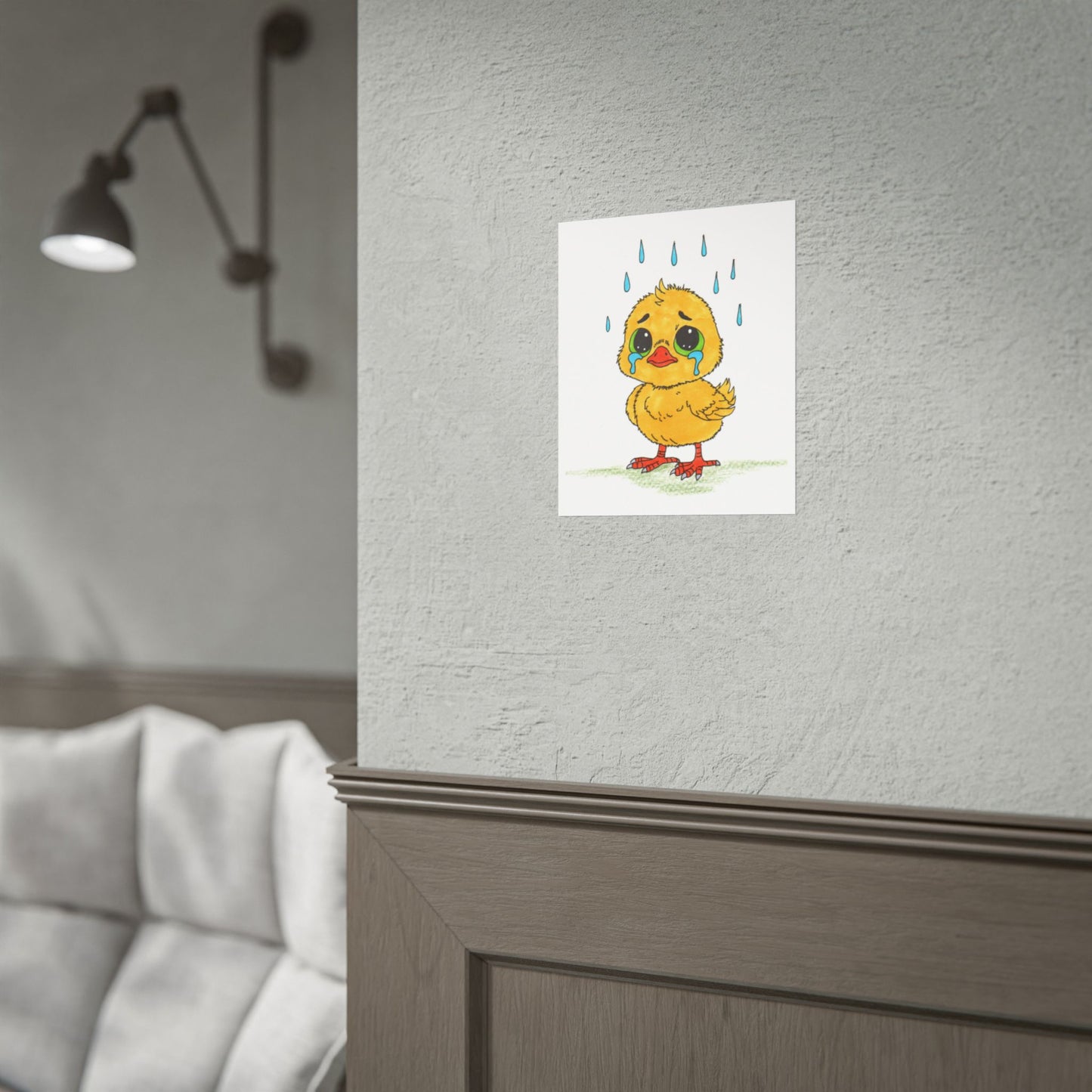 Sad Chick in the Rain Print, Hand Drawn Baby Bird Wall Art, Nursery Decor, Emotional Animal Illustration, Kids Room Artwork