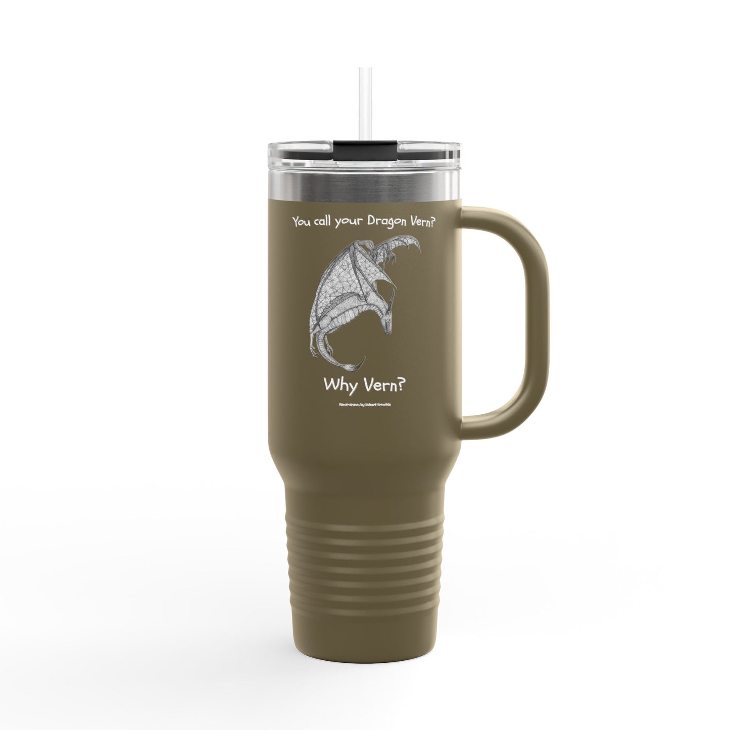 Wyvern Travel Mug | “You Call Your Dragon Vern?” | Hand-Drawn Fantasy Art by Robert Trumble