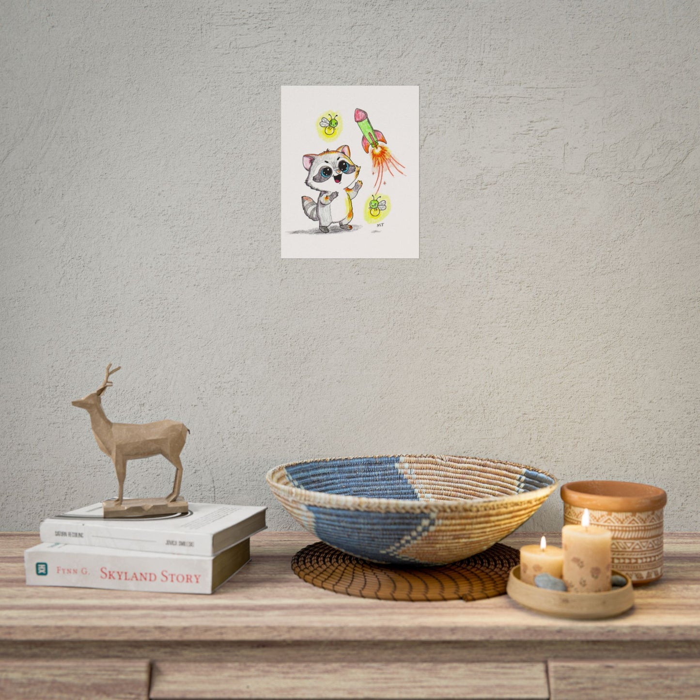 She Found Her Rocket Flame | Happy Raccoon Art Print | Hand Drawn Woodland Wall Decor