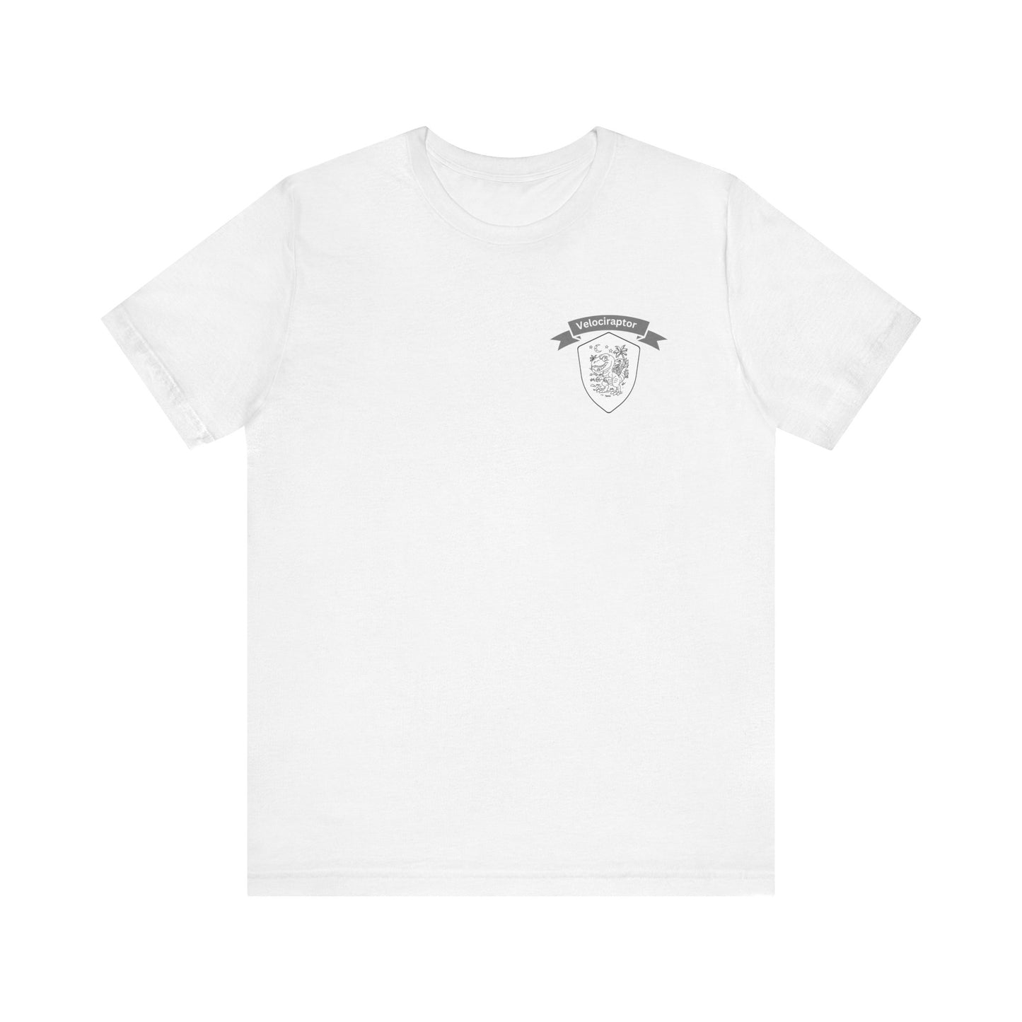 Velociraptor Logo Tee – Hand-Drawn Dino Art | Small Front Crest Design | Unisex Bella+Canvas 3001