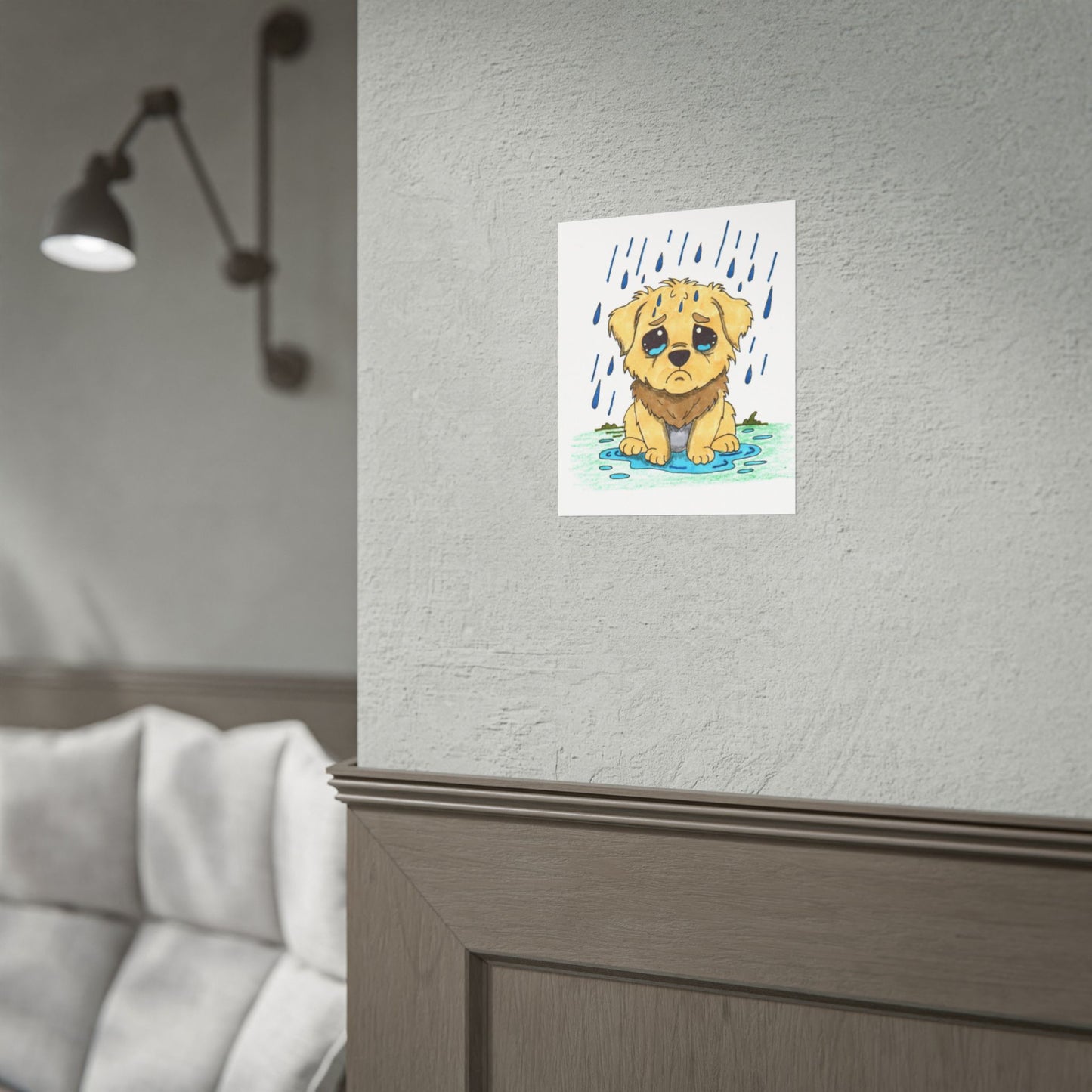 Sad Puppy in the Rain Art Print | Hand Drawn Puppy Wall Decor | Emotional Animal Artwork | Lost & Found Critter Poster