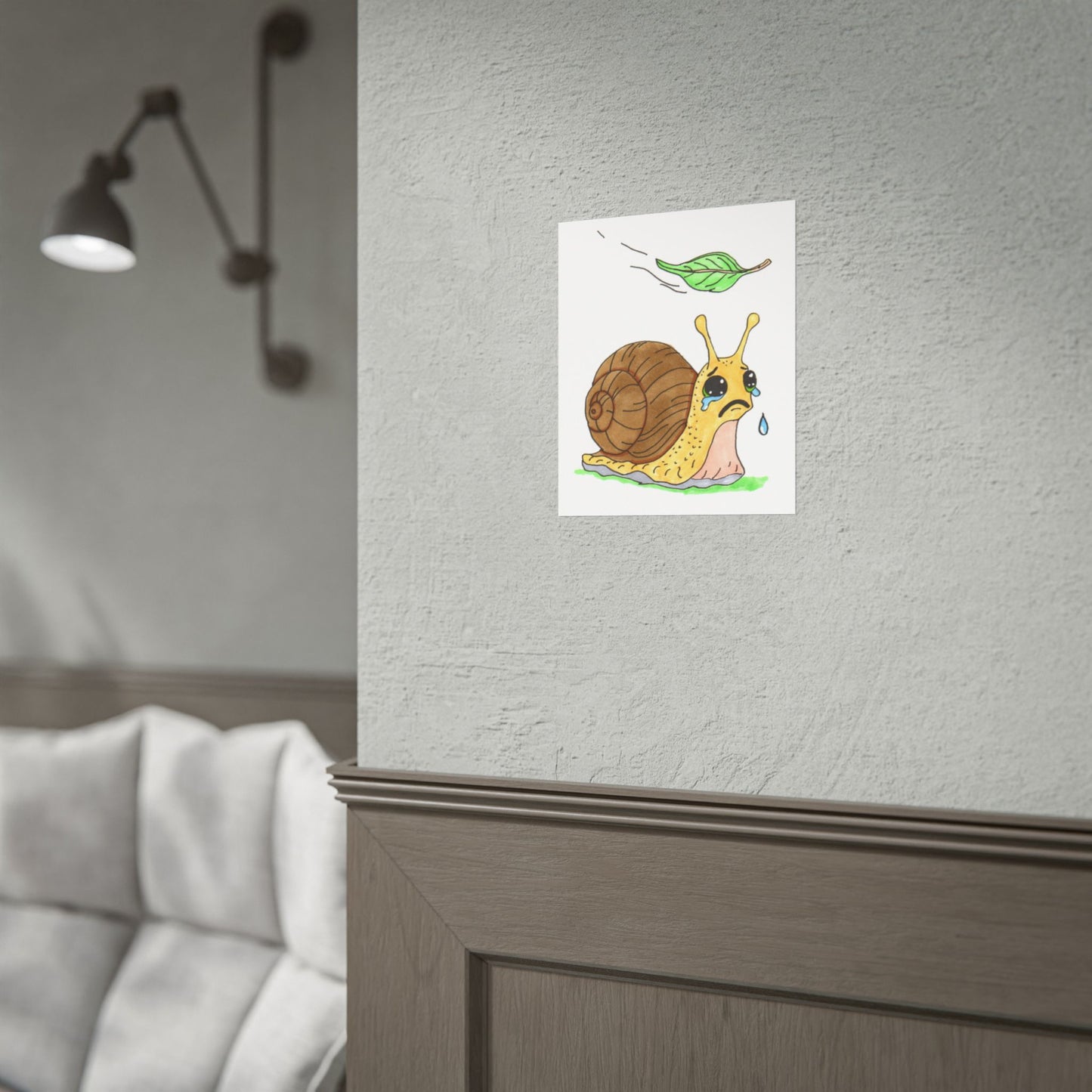 Sad Snail Lost Her Leaf Print, Hand Drawn Snail Wall Art, Whimsical Garden Decor, Cute Nature Illustration, Lost & Found Critter