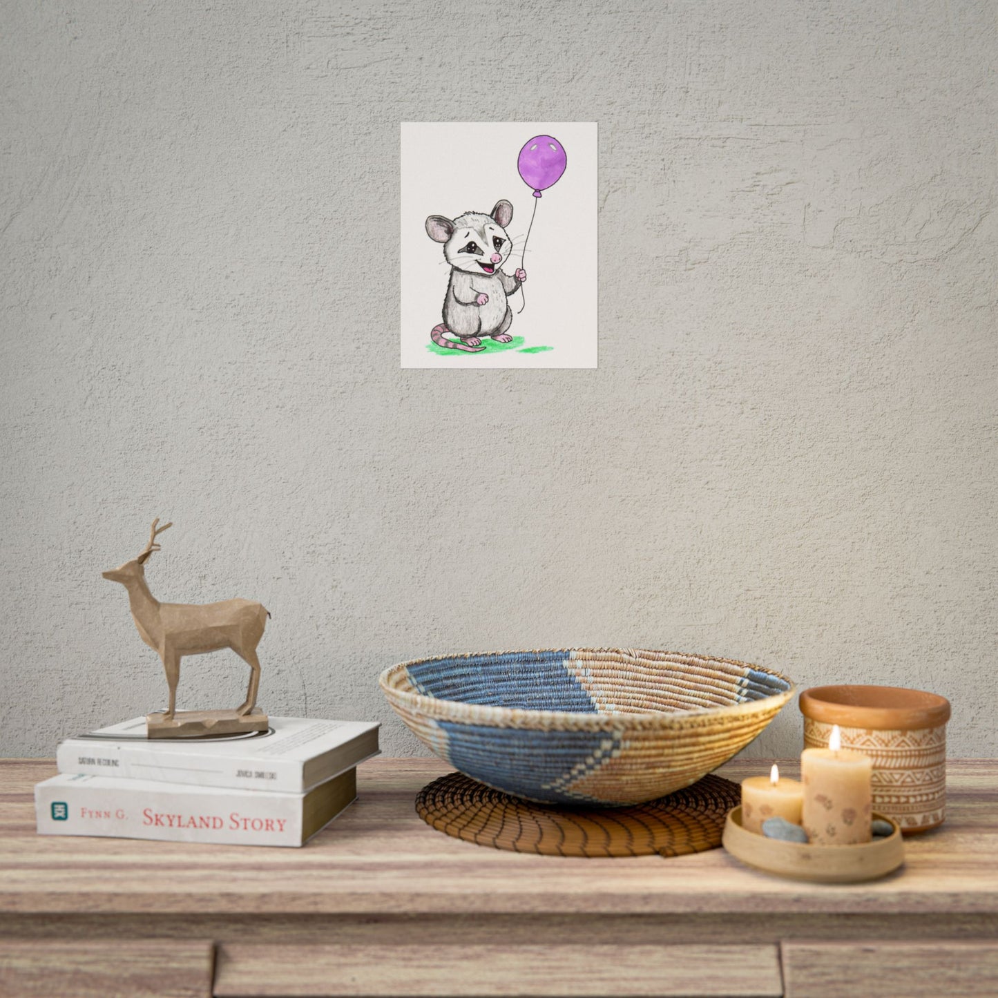 Opossum Found a Balloon Print | Hand Drawn Woodland Animal Wall Art