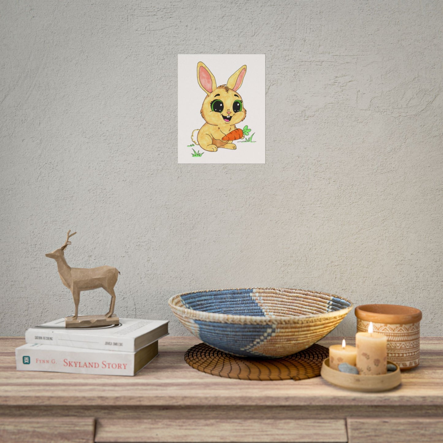 Happy Rabbit with Carrot Print, Cute Bunny Wall Art, Hand Drawn Nursery Decor