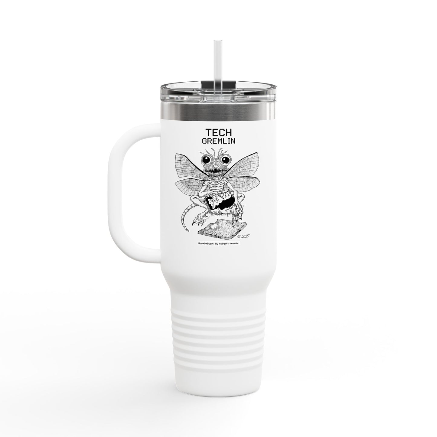 Tech Gremlin Travel Mug – Mischievous Fantasy Art by Robert Trumble