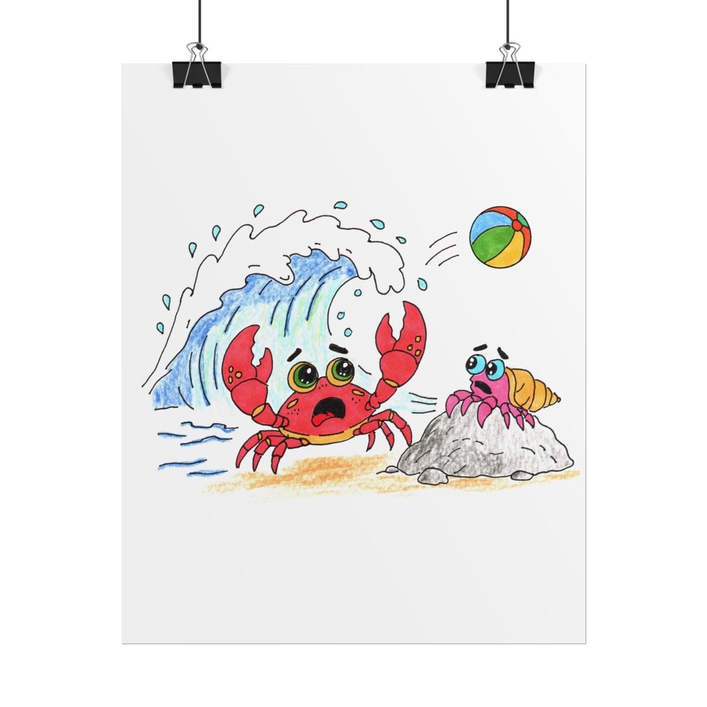 Big Wave Beach Print, Hand Drawn Crab Wall Art, Ocean Adventure Illustration, Coastal Nursery Decor