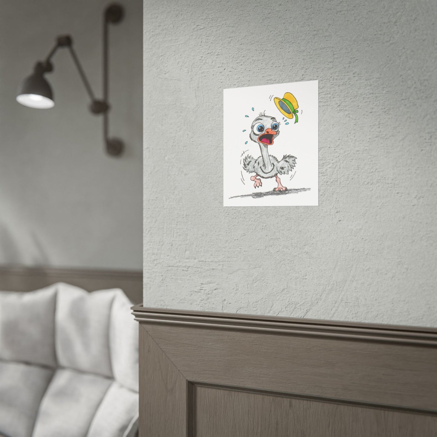 Lost Hat Ostrich Print | Funny Bird Wall Art | Hand Drawn Ostrich Illustration