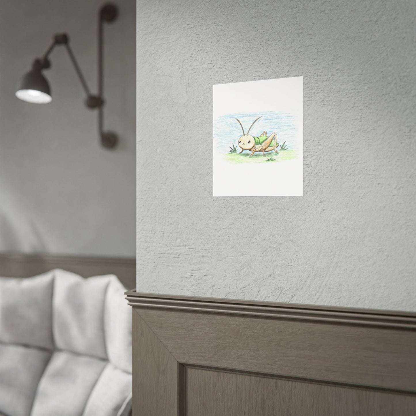 Smiling Cricket in Field Print, Hand Drawn Cricket Wall Art, Nature Nursery Decor, Whimsical Cricket Artwork, 8x10 Print