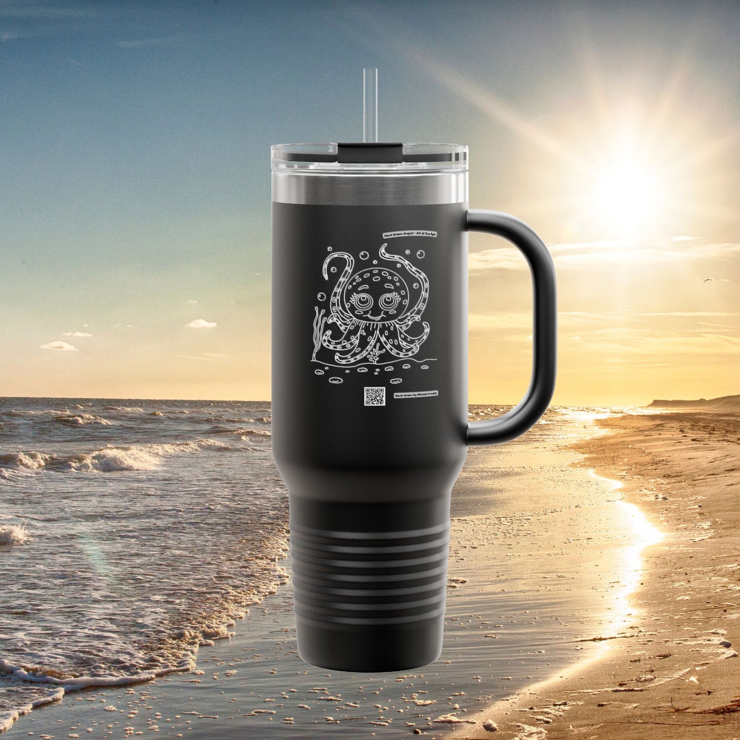 Octopus Travel Mug – Hand-Drawn Logo + Coloring Art QR