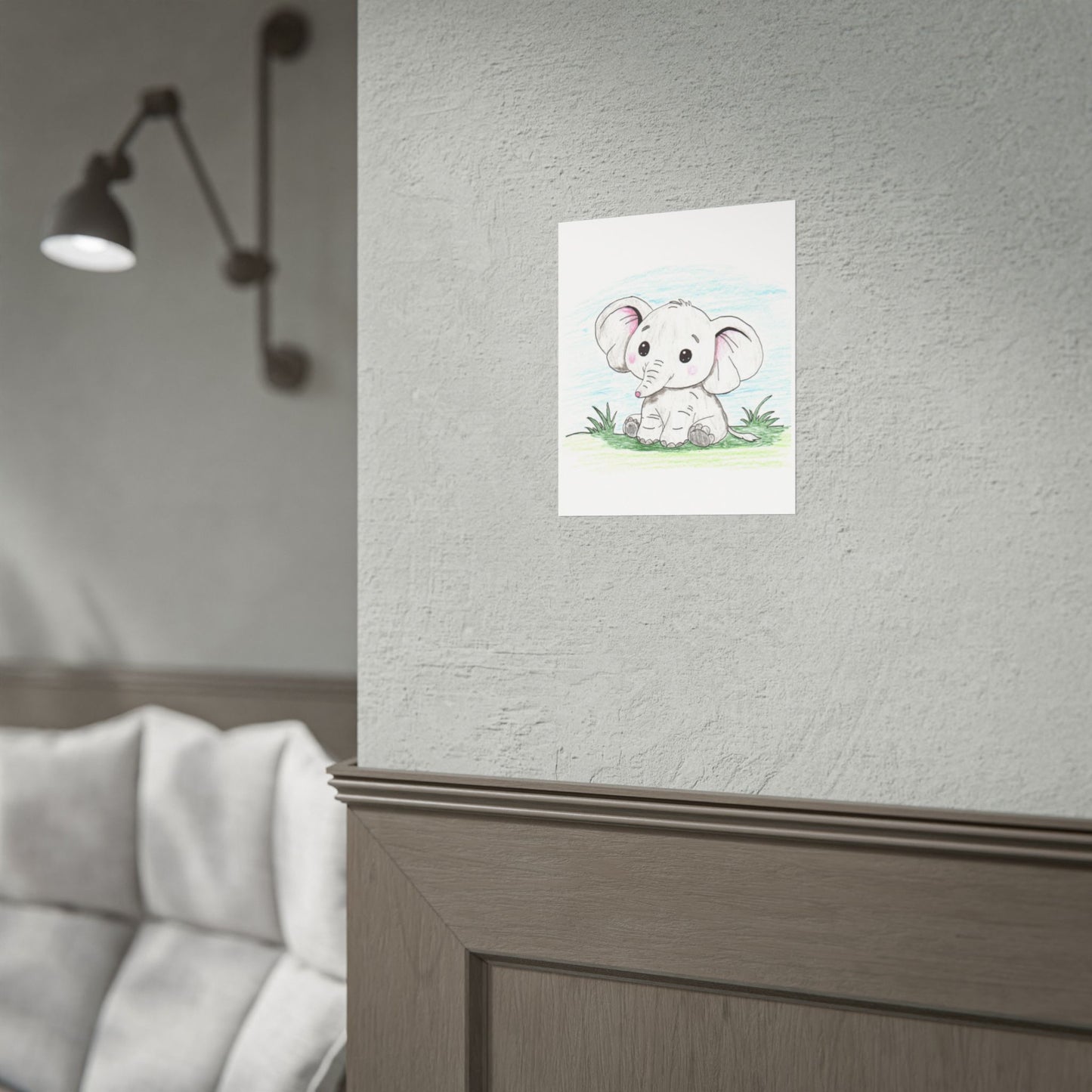 Elephant Sitting on the Grass Print, Cute Elephant Wall Art, Hand Drawn Nursery Decor