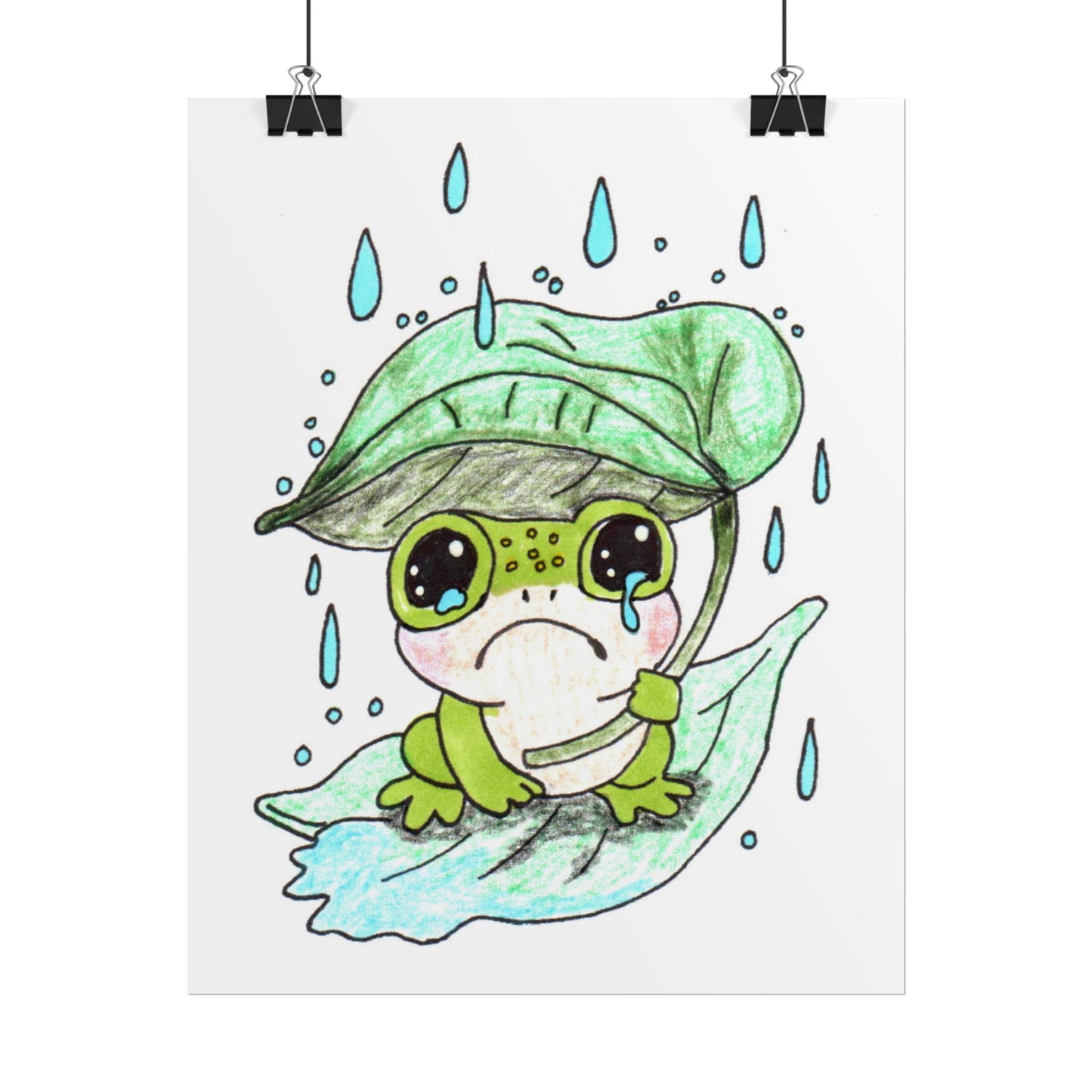 Sad Frog with Leaf Umbrella Print, Hand Drawn Frog Wall Art, Rainy Day Nursery Decor, Whimsical Frog Illustration