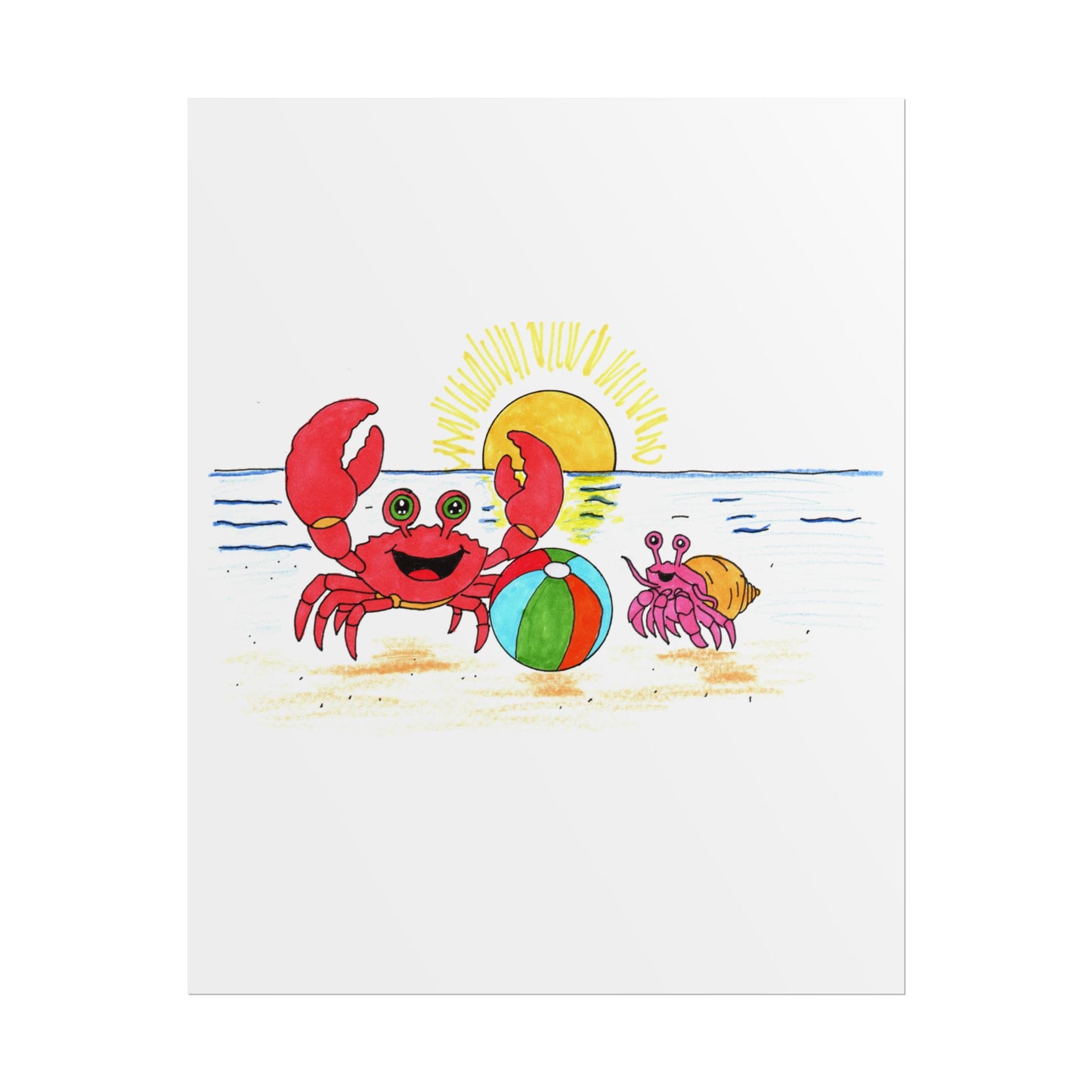 She Got Her Ball Fixed Print, Hand Drawn Crab Wall Art, Beach Friendship Illustration, Coastal Nursery Decor