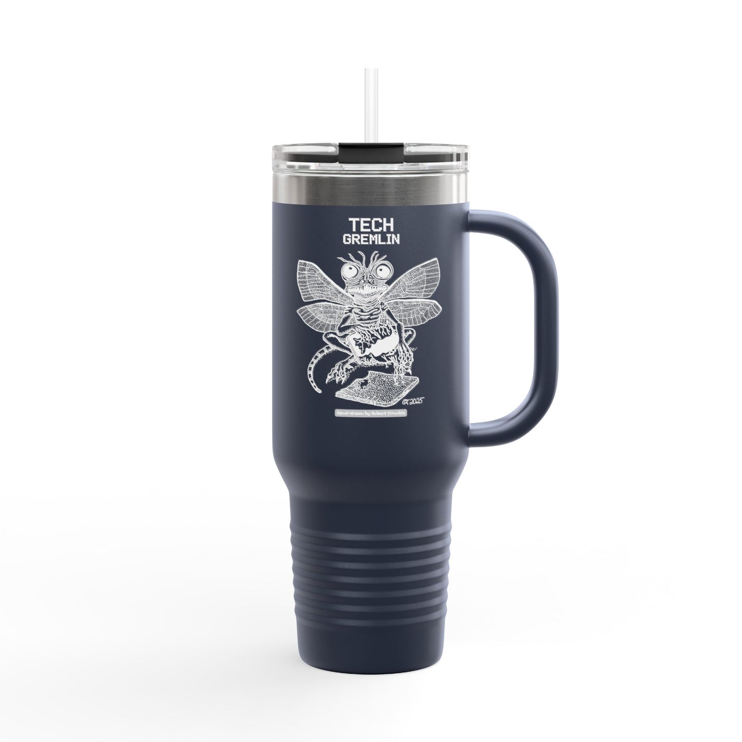 Tech Gremlin Travel Mug – Mischievous Fantasy Art by Robert Trumble