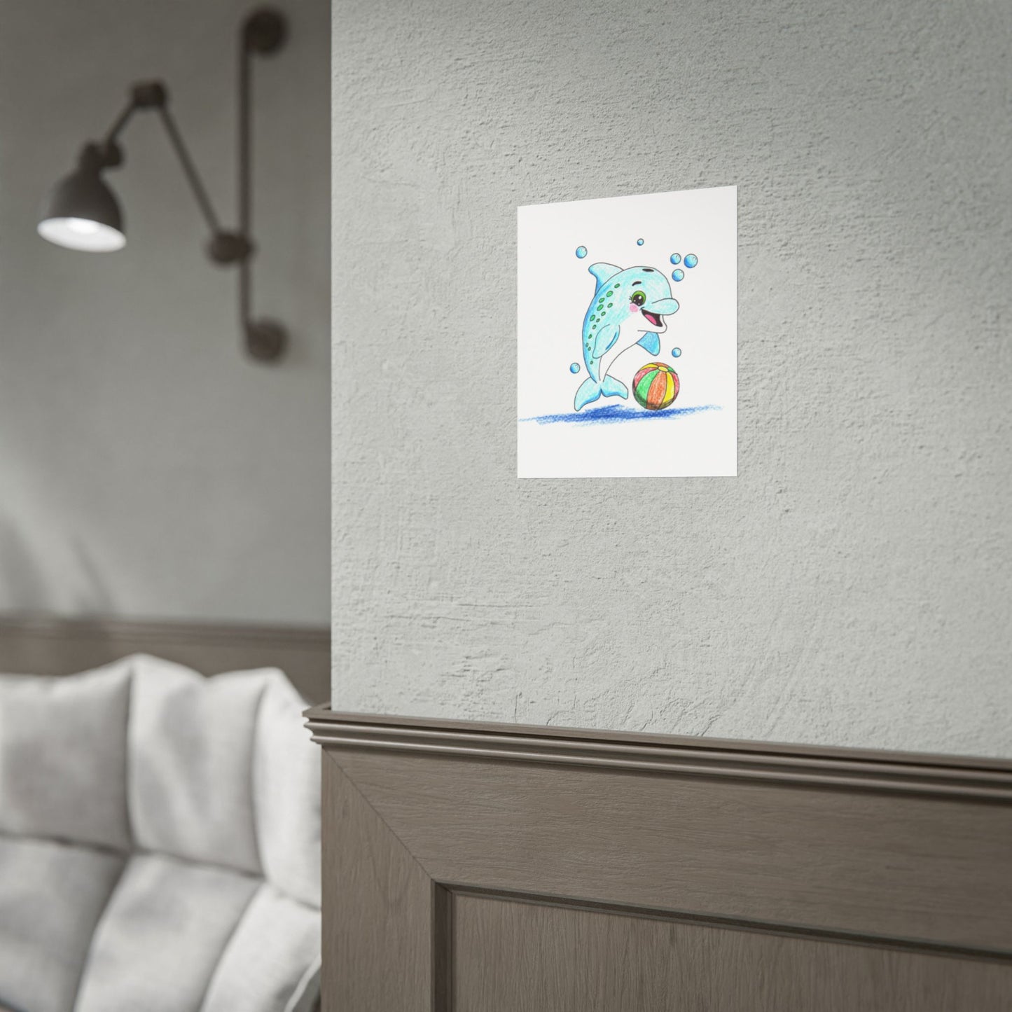 Happy Dolphin Found Her Beach Ball Print, Hand Drawn Dolphin Wall Art