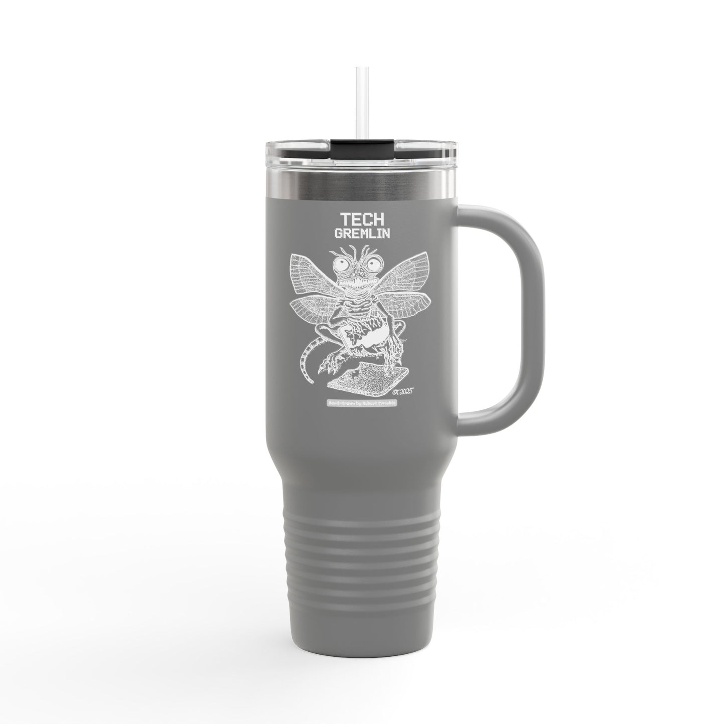 Tech Gremlin Travel Mug – Mischievous Fantasy Art by Robert Trumble