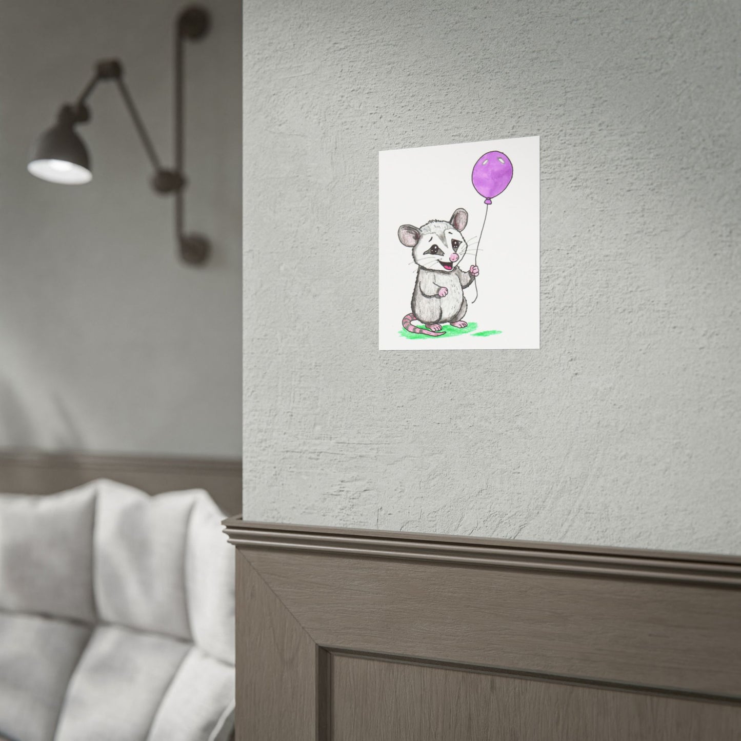 Opossum Found a Balloon Print | Hand Drawn Woodland Animal Wall Art