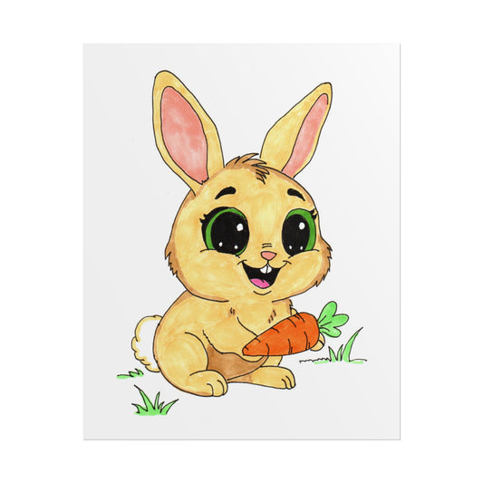Happy Rabbit with Carrot Print, Cute Bunny Wall Art, Hand Drawn Nursery Decor