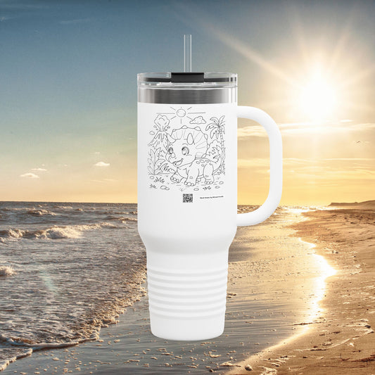 Triceratops Travel Mug | Hand-Drawn Dinosaur Art with QR Code | Fun Gift for Dino Fans