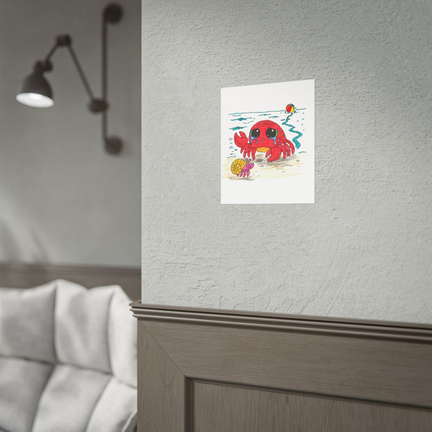 Sad Crab Finds a New Friend Print, Hand Drawn Crab Wall Art, Beach Friendship Decor, Whimsical Ocean Animal Illustration