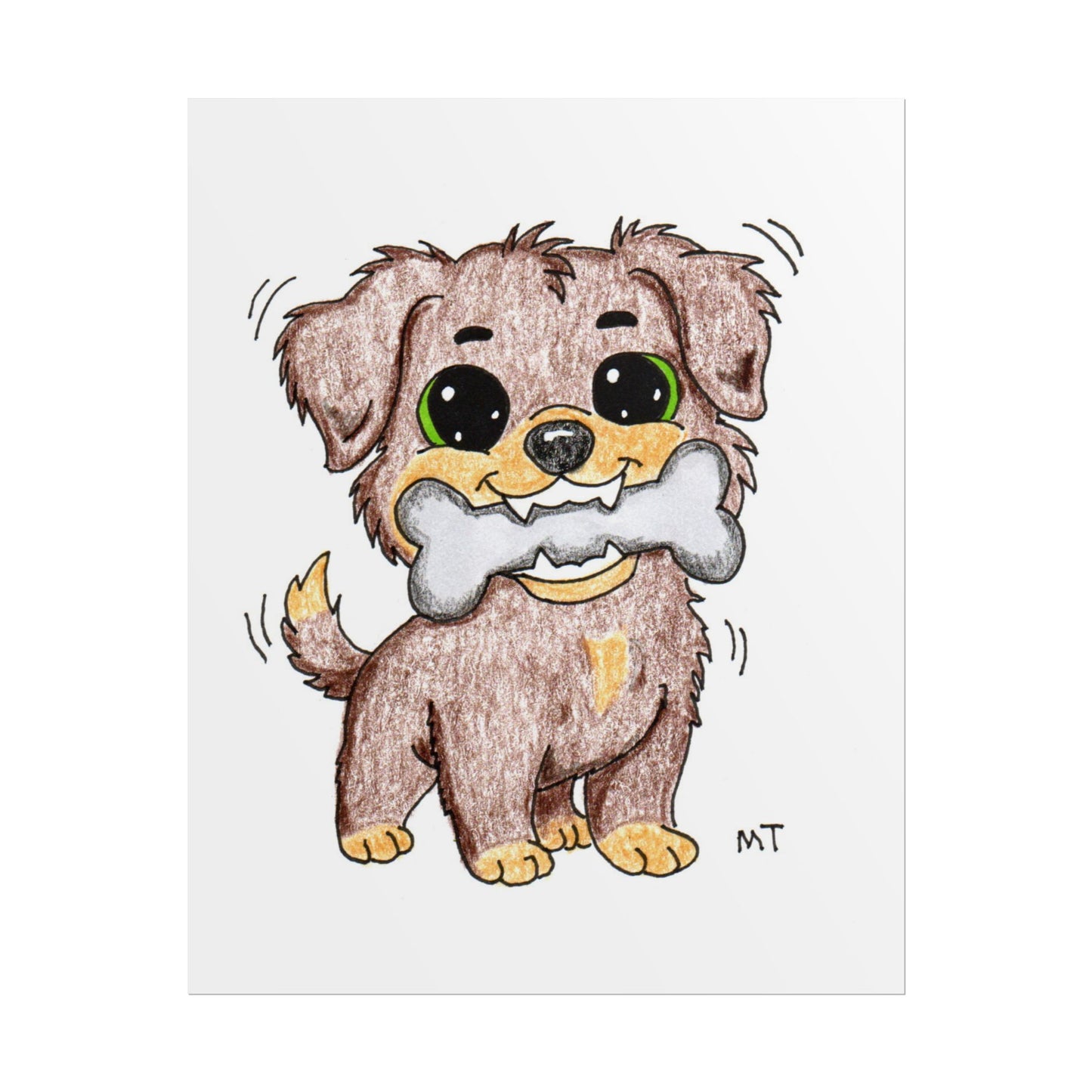Happy Puppy Found Bone Wall Art Print, Hand Drawn Dog Illustration