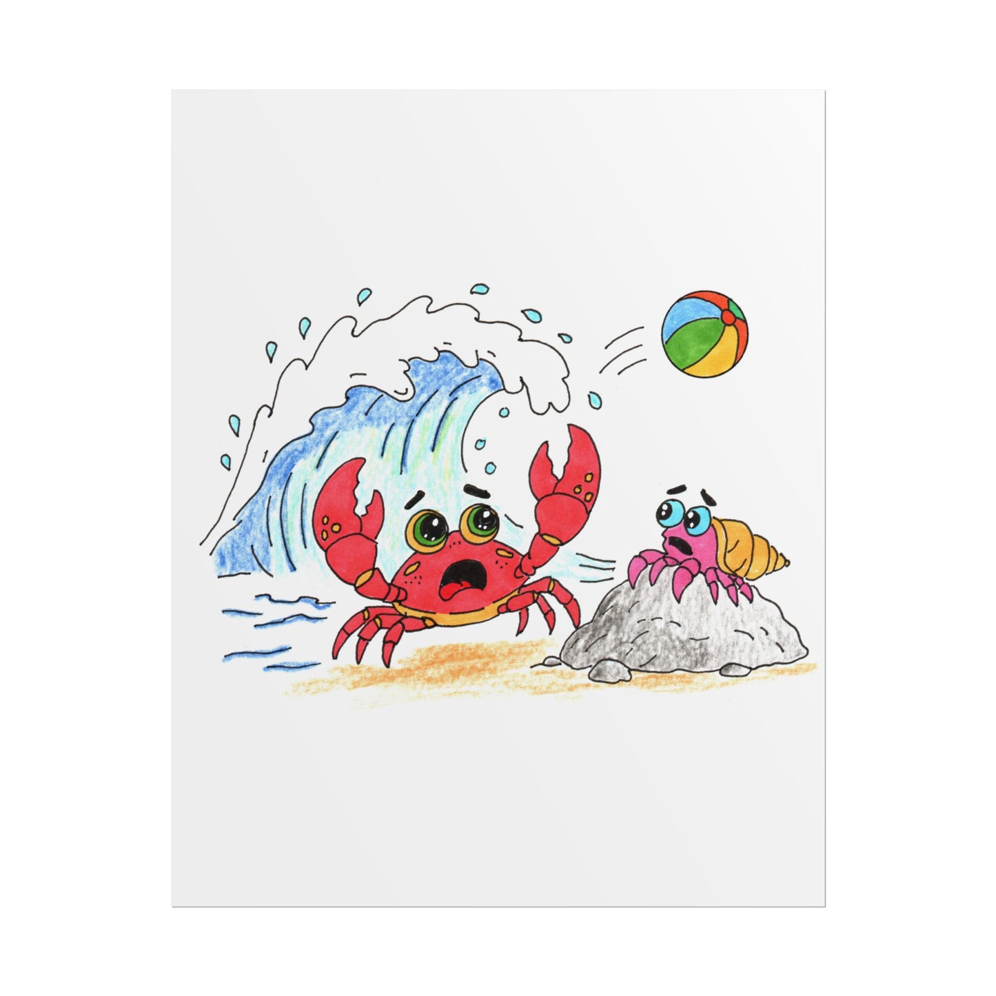 Big Wave Beach Print, Hand Drawn Crab Wall Art, Ocean Adventure Illustration, Coastal Nursery Decor
