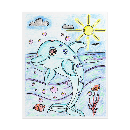 Happy Dolphin Ocean Print, Hand Drawn Sea Animal Wall Art, Cute Dolphin Illustration, Beach Nursery Decor, Children's Room Artwork