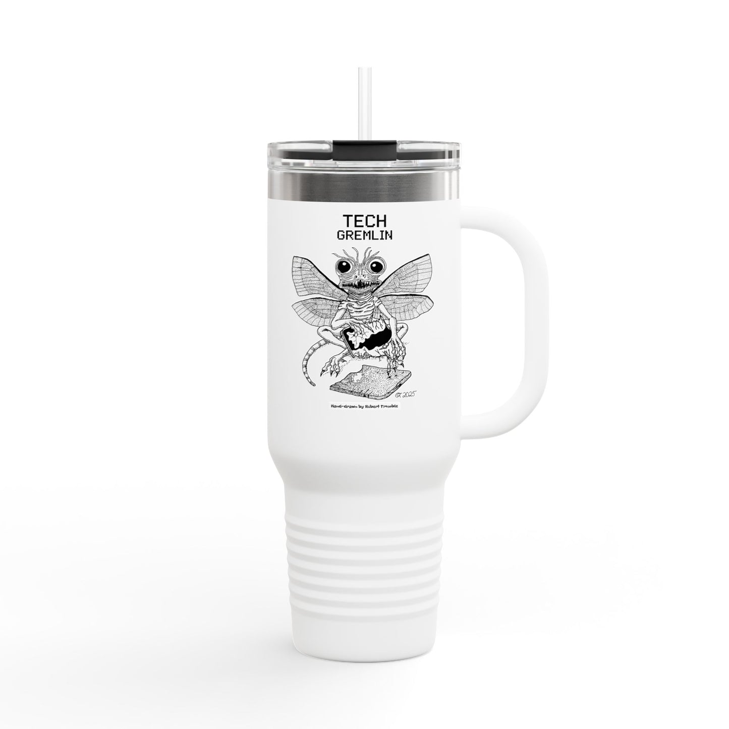 Tech Gremlin Travel Mug – Mischievous Fantasy Art by Robert Trumble