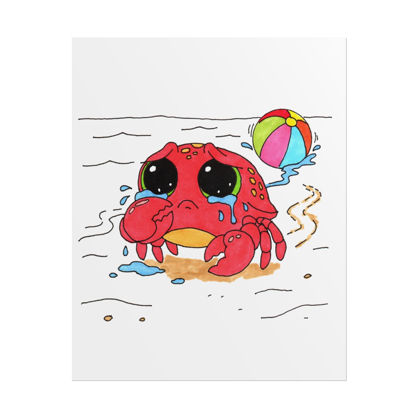 Sad Crab Lost Her Ball Print, Hand Drawn Crab Wall Art, Whimsical Nursery Decor, Woodland Animal Illustration