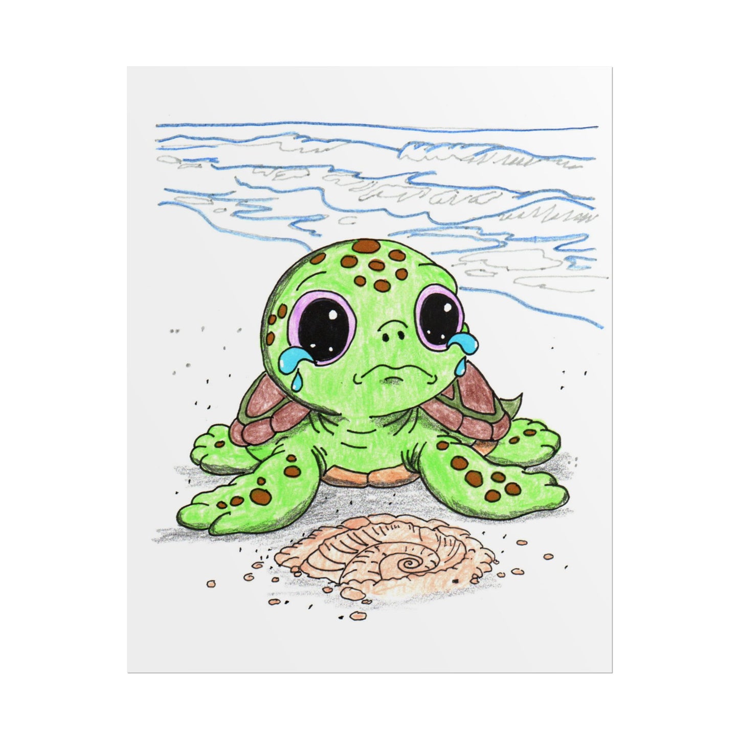 Sad Sea Turtle Lost Her Shell Print, Emotional Turtle Illustration, Beach Baby Room Decor (8x10)