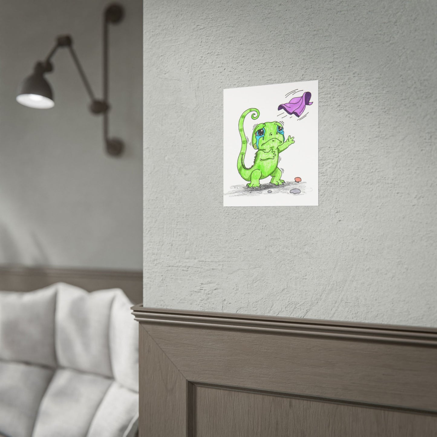 Sad Lizard Blanket Story Print, Hand Drawn Nursery Wall Art