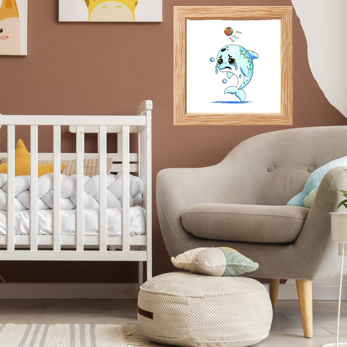 Sad Dolphin Lost Her Beach Ball Print, Hand Drawn Dolphin Wall Art, Ocean Nursery Decor, Cute Sea Animal Illustration