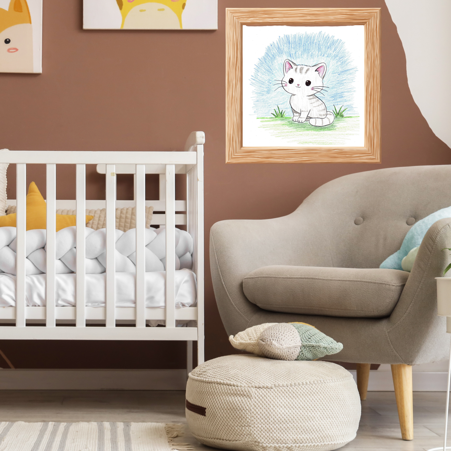 Cute Sitting Kitten Print, Hand Drawn Cat Wall Art, Nursery Decor, Whimsical Kitty Illustration