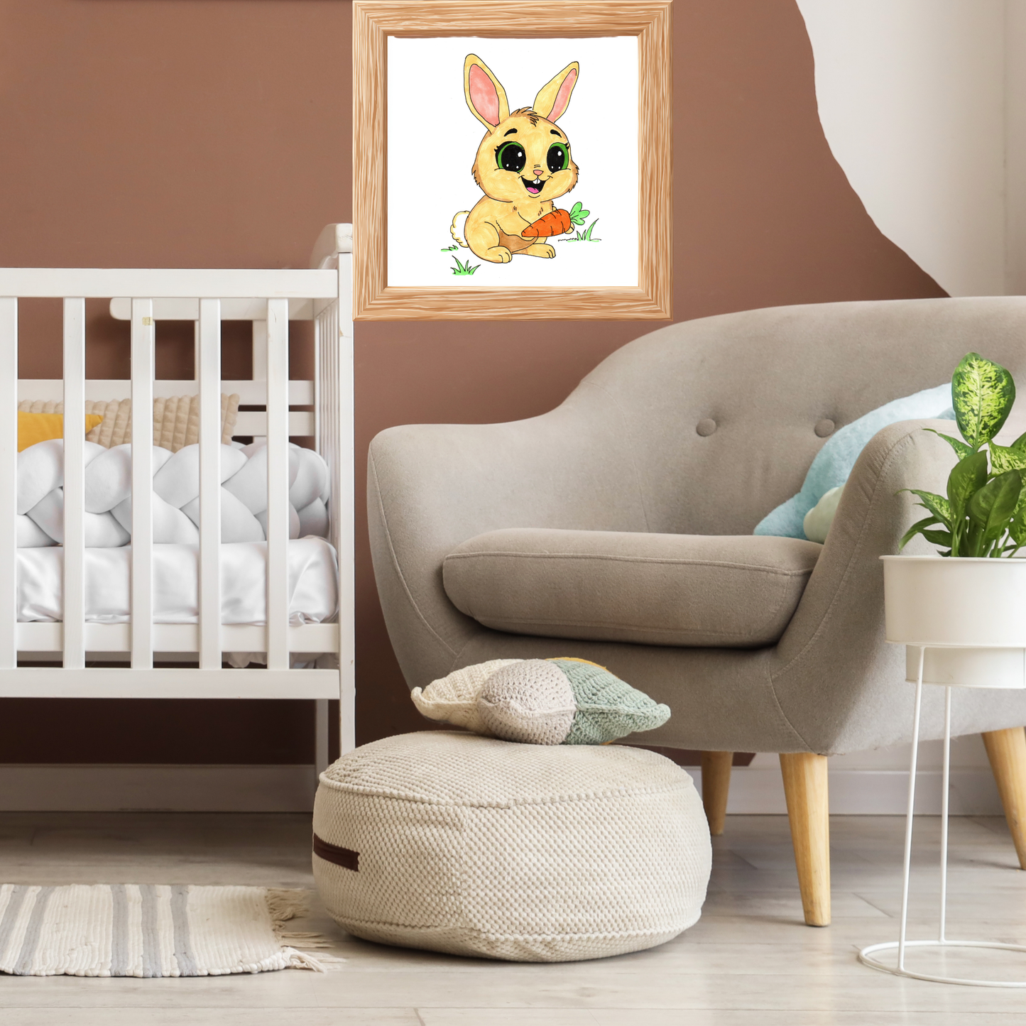 Happy Rabbit with Carrot Print, Cute Bunny Wall Art, Hand Drawn Nursery Decor