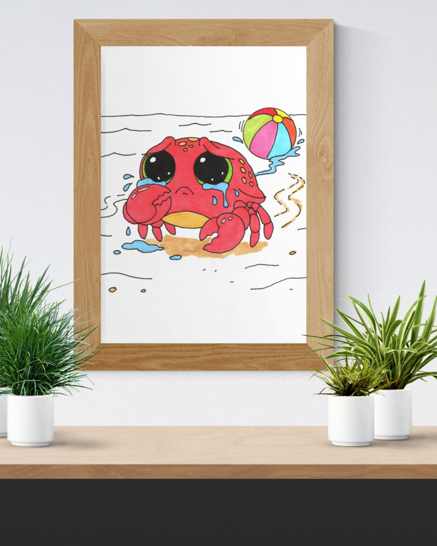 Sad Crab Lost Her Ball Print, Hand Drawn Crab Wall Art, Whimsical Nursery Decor, Woodland Animal Illustration