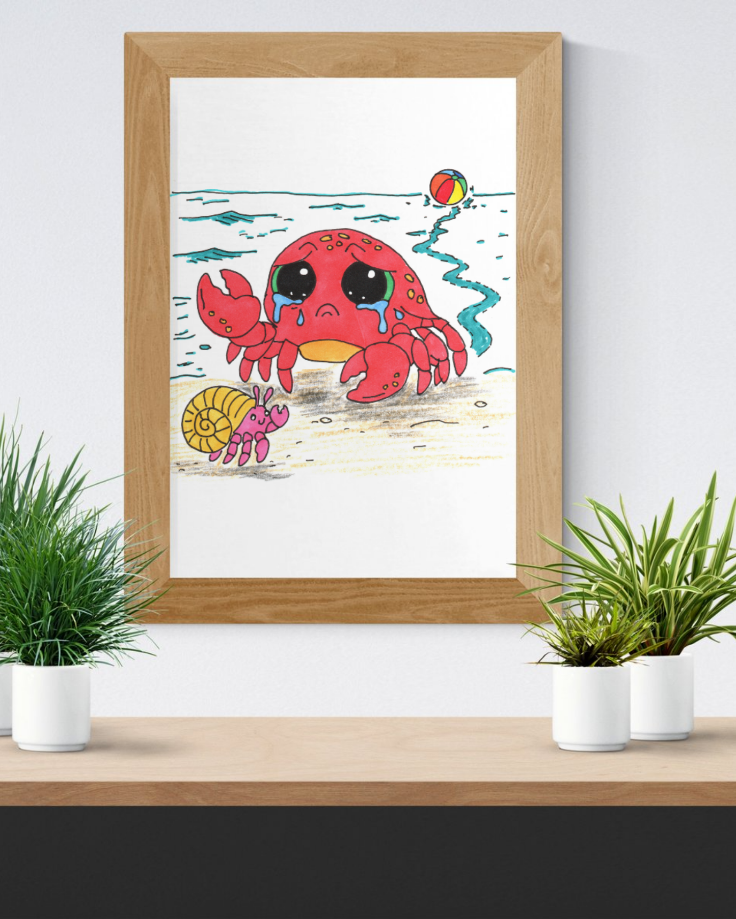 Sad Crab Finds a New Friend Print, Hand Drawn Crab Wall Art, Beach Friendship Decor, Whimsical Ocean Animal Illustration