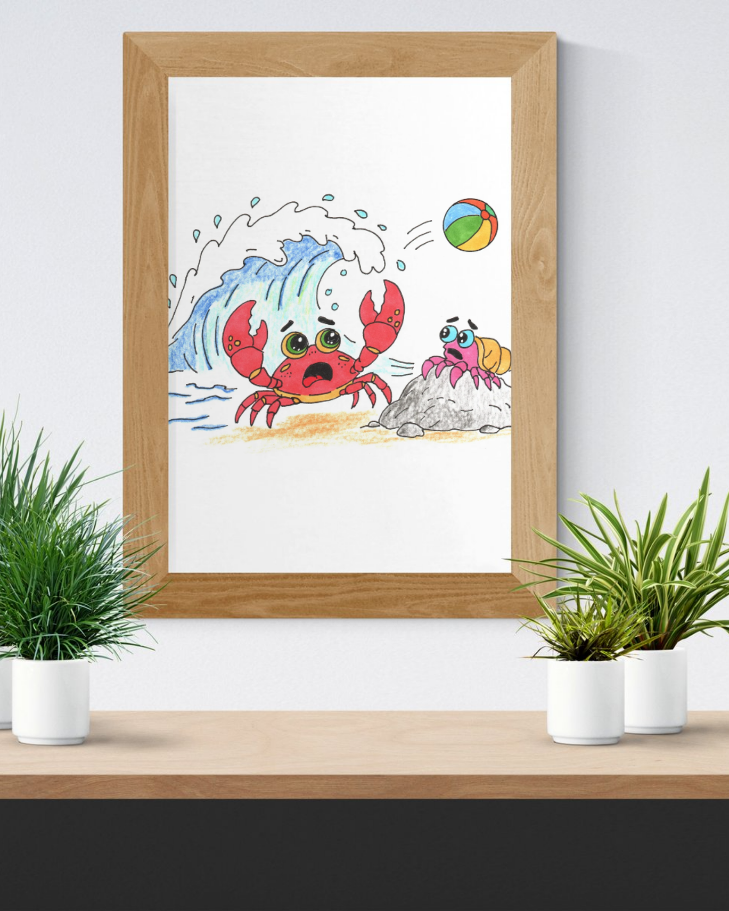 Big Wave Beach Print, Hand Drawn Crab Wall Art, Ocean Adventure Illustration, Coastal Nursery Decor