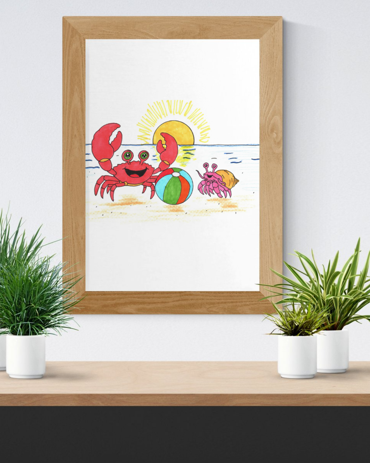 She Got Her Ball Fixed Print, Hand Drawn Crab Wall Art, Beach Friendship Illustration, Coastal Nursery Decor