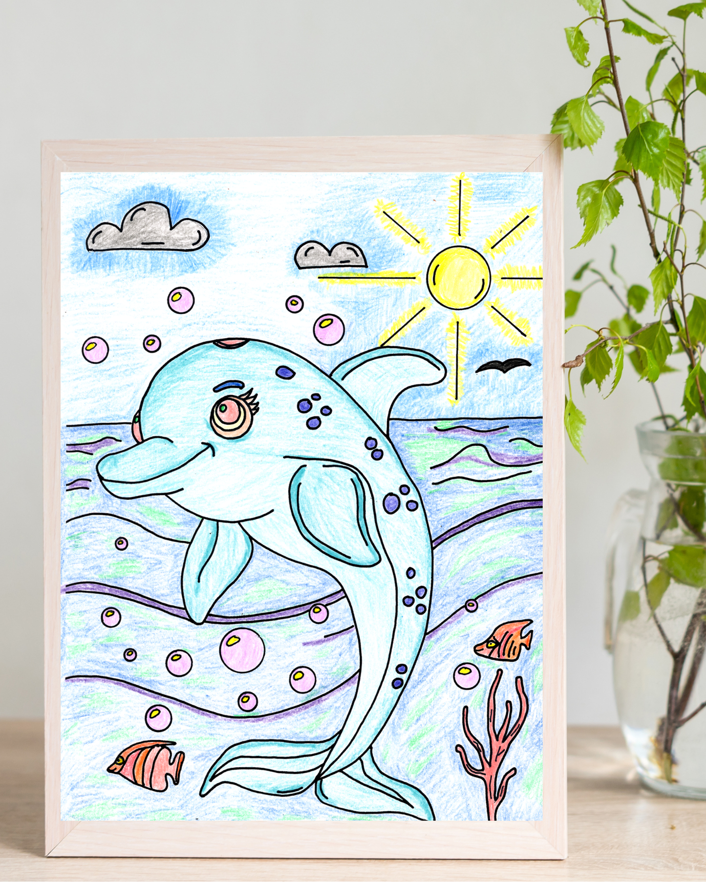 Happy Dolphin Ocean Print, Hand Drawn Sea Animal Wall Art, Cute Dolphin Illustration, Beach Nursery Decor, Children's Room Artwork