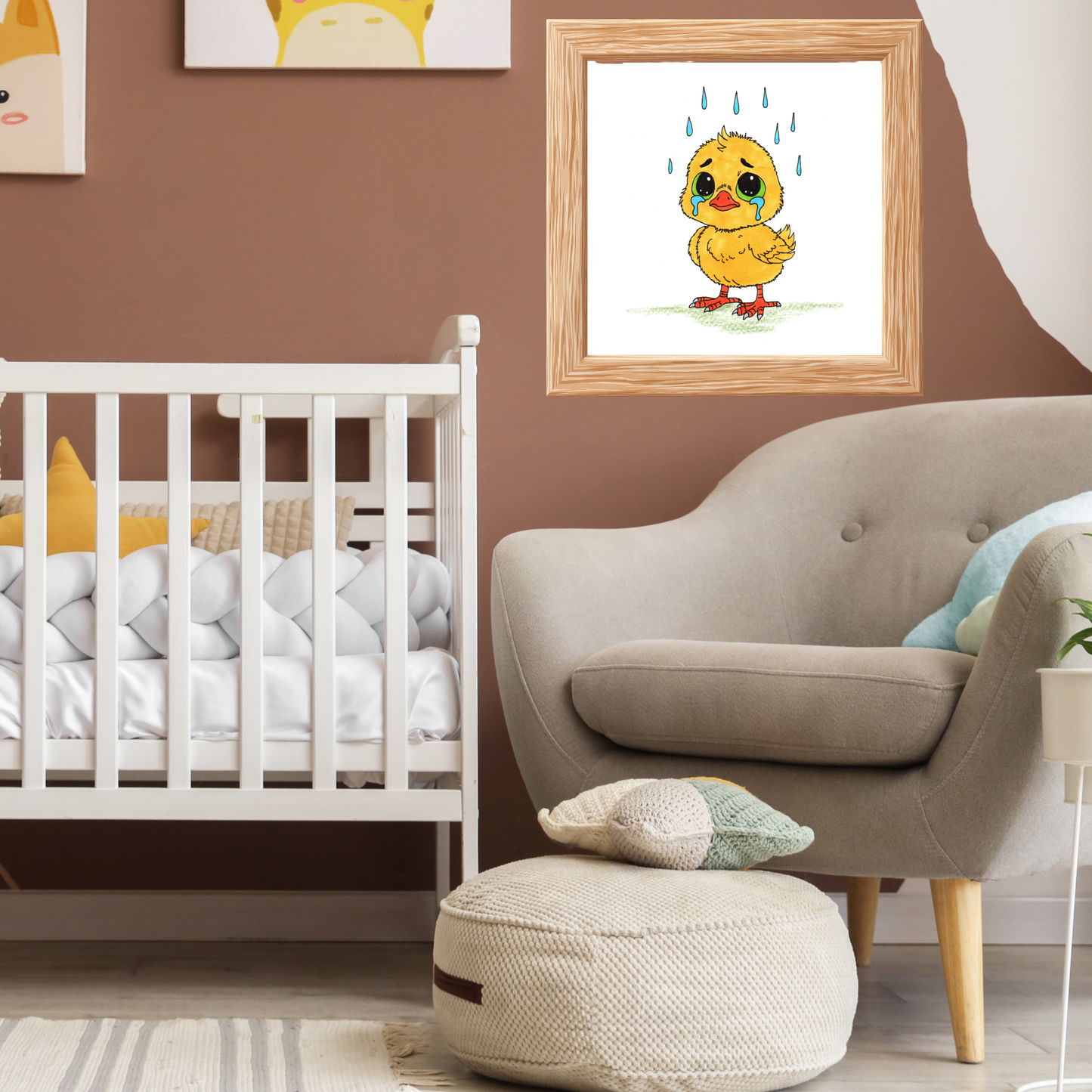 Sad Chick in the Rain Print, Hand Drawn Baby Bird Wall Art, Nursery Decor, Emotional Animal Illustration, Kids Room Artwork