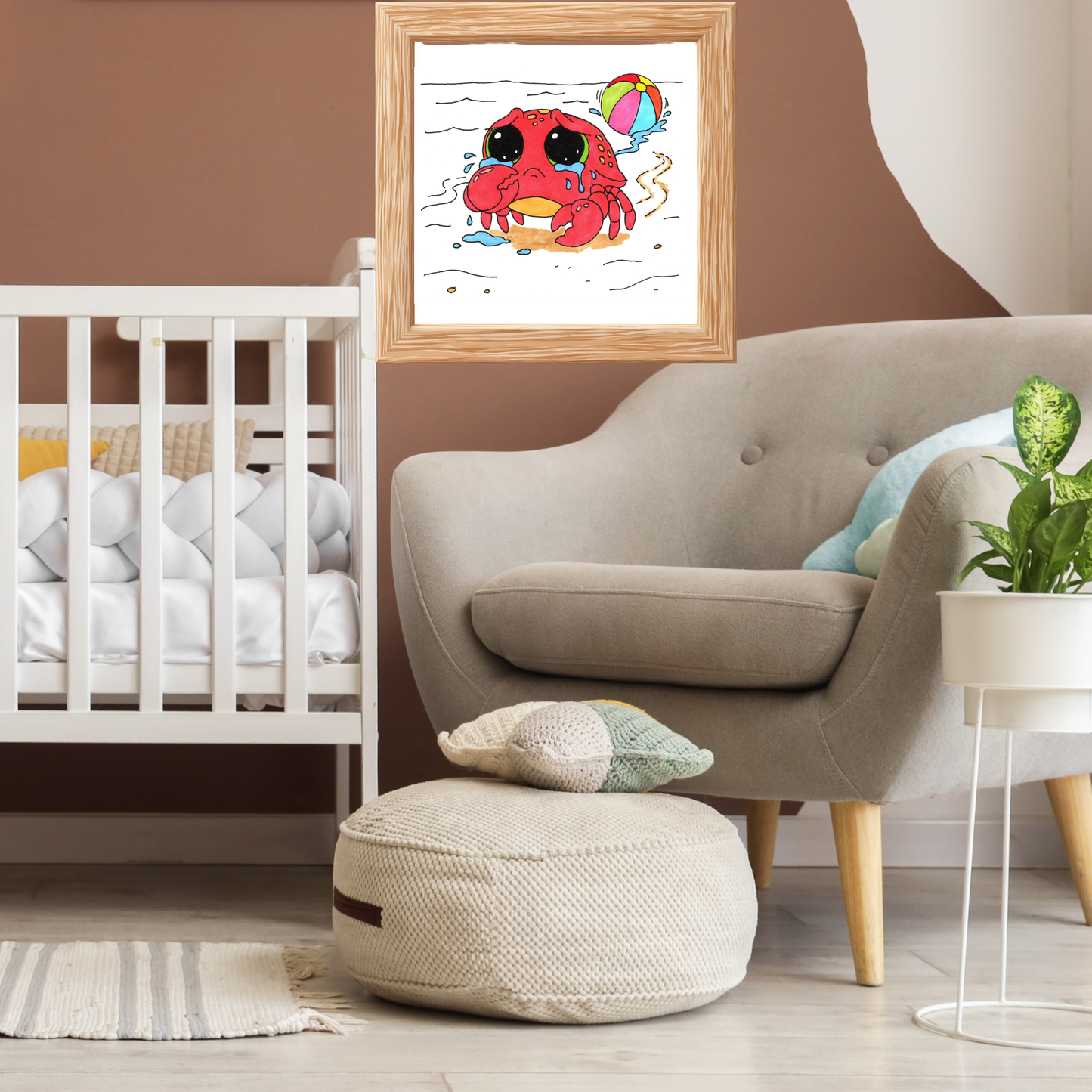Sad Crab Lost Her Ball Print, Hand Drawn Crab Wall Art, Whimsical Nursery Decor, Woodland Animal Illustration