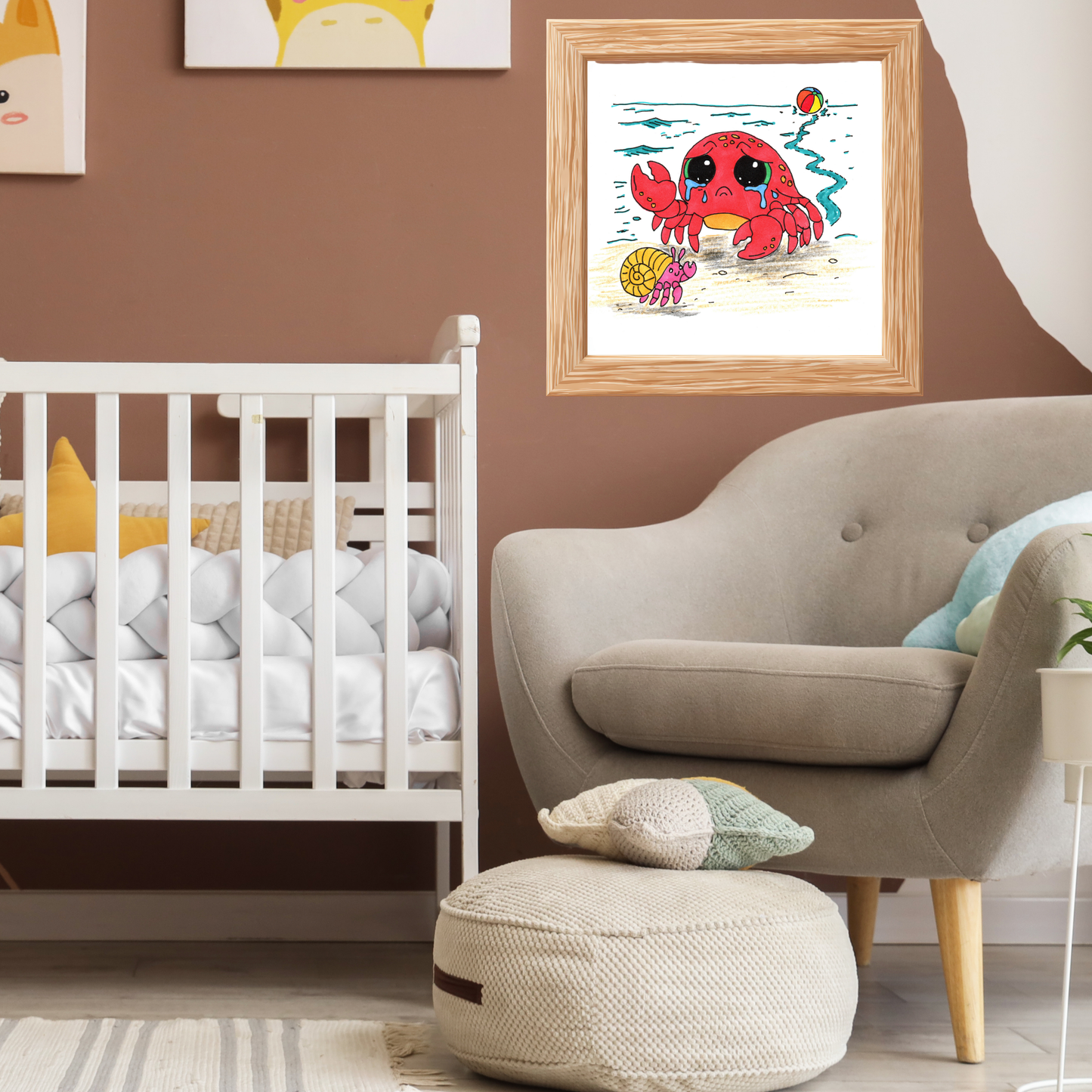 Sad Crab Finds a New Friend Print, Hand Drawn Crab Wall Art, Beach Friendship Decor, Whimsical Ocean Animal Illustration
