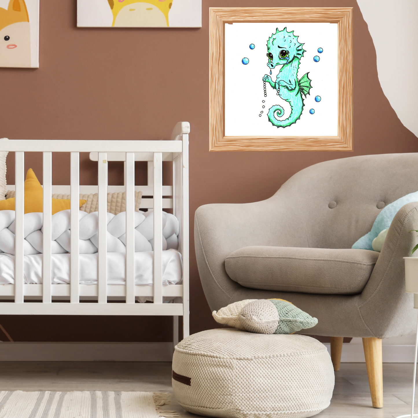 Lost Something Precious? Sad Seahorse Pearl Necklace Art Print | Cute Seahorse Gift
